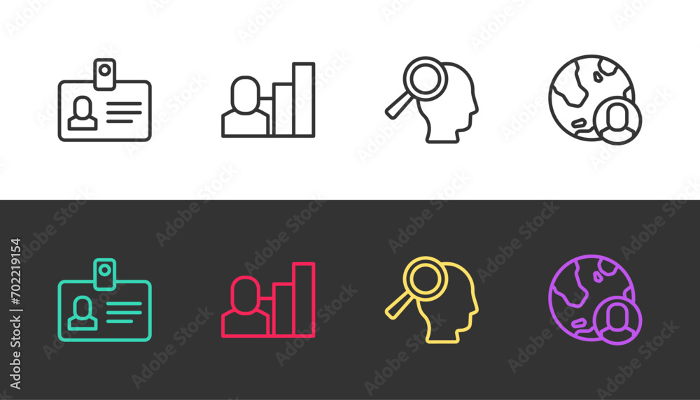 Set line Identification badge, Productive human, Magnifying glass for search job and Globe and people on black and white. Vector Set line Identification badge, Productive human, Magnifying glass for search job and Globe and people on black and white. Vector