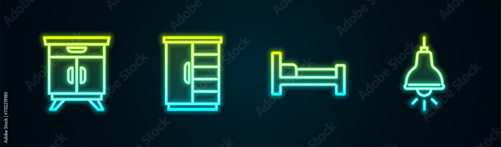 Set line Furniture nightstand, Wardrobe, Bed and Lamp hanging. Glowing neon icon. Vector