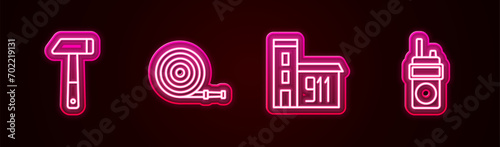 Set line Hammer, Fire hose reel, Building of fire station and Walkie talkie. Glowing neon icon. Vector