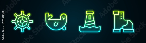 Set line Ship steering wheel, Fur seal animal, Lighthouse and Winter warm boot. Glowing neon icon. Vector