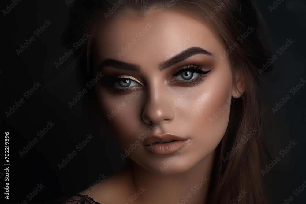 Beauty Sexy girl with Evening Make-up. Beautiful woman face with bright make up. Smokey eyes makeup, Brown palette colors. Colour trend