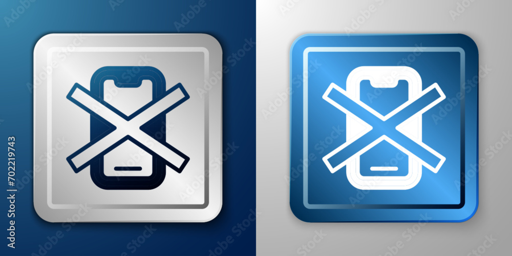 White No cell phone icon isolated on blue and grey background. No talking and calling sign. Cell prohibition. Silver and blue square button. Vector White No cell phone icon isolated on blue and grey background. No talking and calling sign. Cell prohibition. Silver and blue square button. Vector