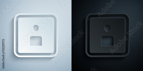 Paper cut Play Video icon isolated on grey and black background. Film strip sign. Paper art style. Vector