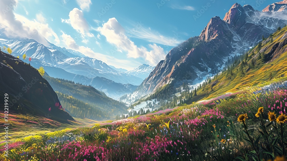 Breathtaking Mountain Landscape with Colorful Wildflowers, Snow-Capped Peaks, and Clear Blue Sky