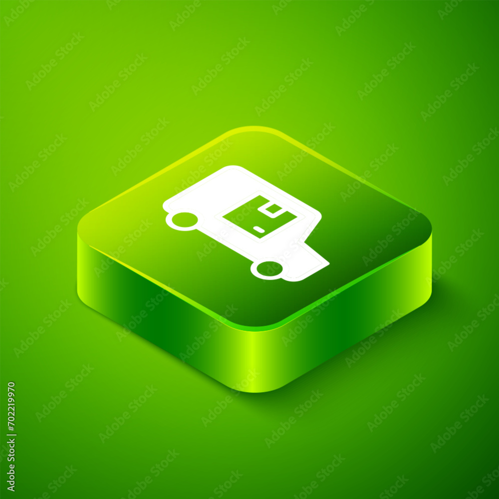 Isometric Delivery cargo truck vehicle icon isolated on green background. Green square button. Vector