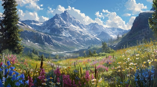 Breathtaking Mountain Landscape with Blooming Wildflowers, Lush Greenery, and Snow-Capped Peaks Under a Clear Blue Sky photo