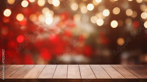 Mock up, empty wooden table with beautiful red and golden bokeh background