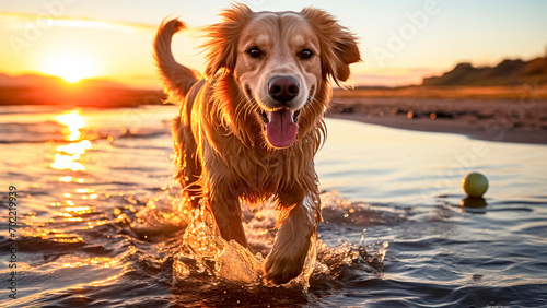Golden Retriever running in the water on the beach at sunset.