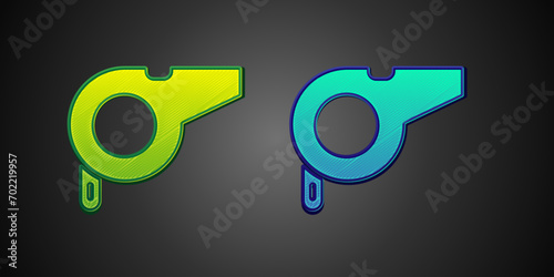 Green and blue Whistle icon isolated on black background. Referee symbol. Fitness and sport sign.  Vector