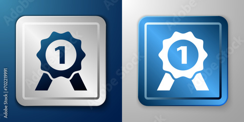 White Medal icon isolated on blue and grey background. Winner symbol. Silver and blue square button. Vector