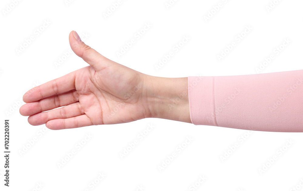 Woman's hand reaching out with open palm Woman's hand reaching out with open palm