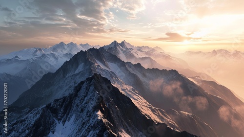 Breathtaking Sunrise Over Snow-Capped Mountain Peaks with Misty Clouds