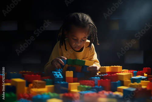 African American child playing with colourful block toys 3D black realistic abstract background