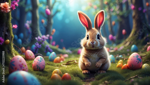 An Easter bunny at Easter in the dark forest.