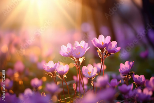 Against the sun, field of spring crocuses flowers, backlight, beautiful background