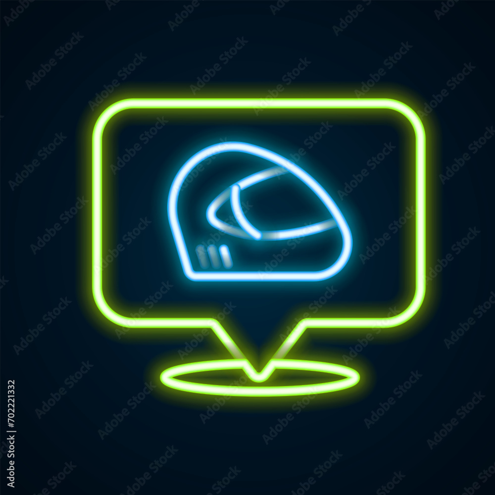 Glowing neon line Racing helmet icon isolated on black background. Extreme sport. Sport equipment. Colorful outline concept. Vector Glowing neon line Racing helmet icon isolated on black background. Extreme sport. Sport equipment. Colorful outline concept. Vector