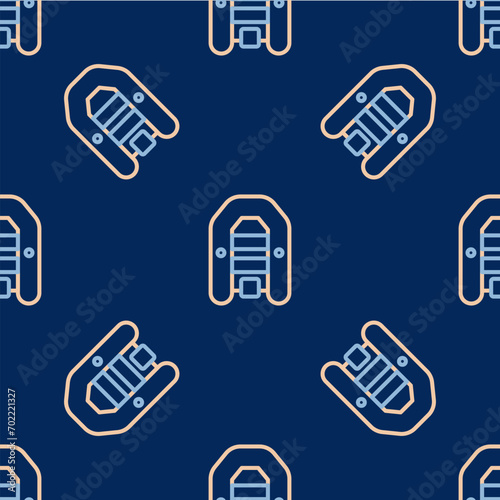 Line Inflatable boat with outboard motor icon isolated seamless pattern on blue background.  Vector