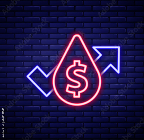 Glowing neon line Oil price increase icon isolated on brick wall background. Oil industry crisis concept. Colorful outline concept. Vector