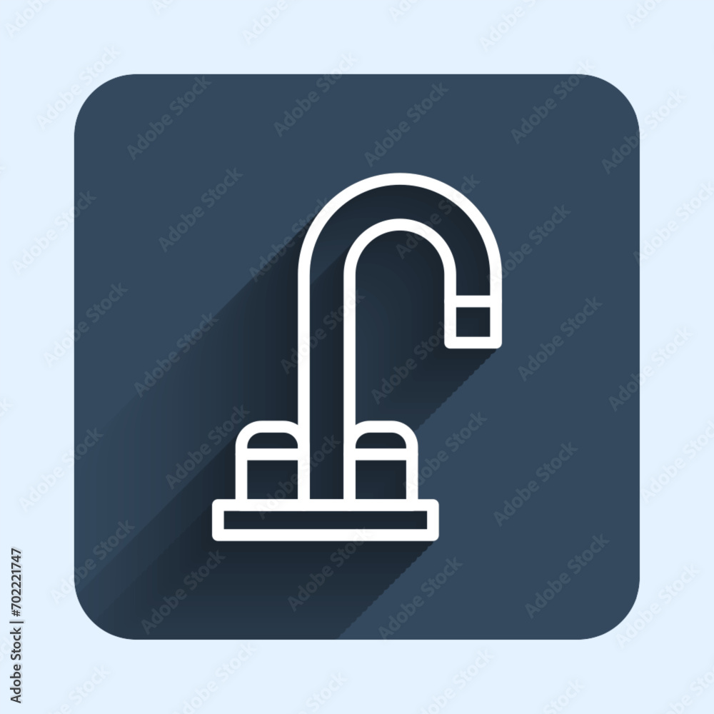 White line Water tap icon isolated with long shadow background. Blue square button. Vector White line Water tap icon isolated with long shadow background. Blue square button. Vector