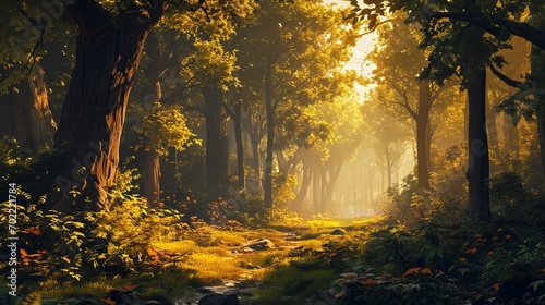 Sunlit Forest Pathway - A Scenic Landscape of a Lush Green Forest Illuminated