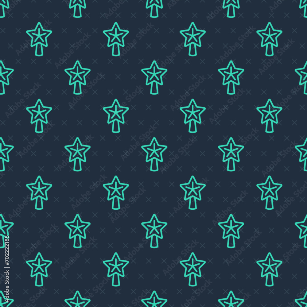 Green line Christmas star icon isolated seamless pattern on blue background. Merry Christmas and Happy New Year.  Vector