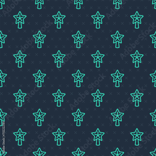 Green line Christmas star icon isolated seamless pattern on blue background. Merry Christmas and Happy New Year. Vector