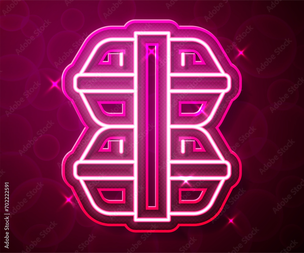 Glowing neon line Lunch box icon isolated on red background.  Vector