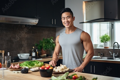 A muscular asian man creates a vibrant, health-packed breakfast, turning his kitchen into a haven of fitness and flavor