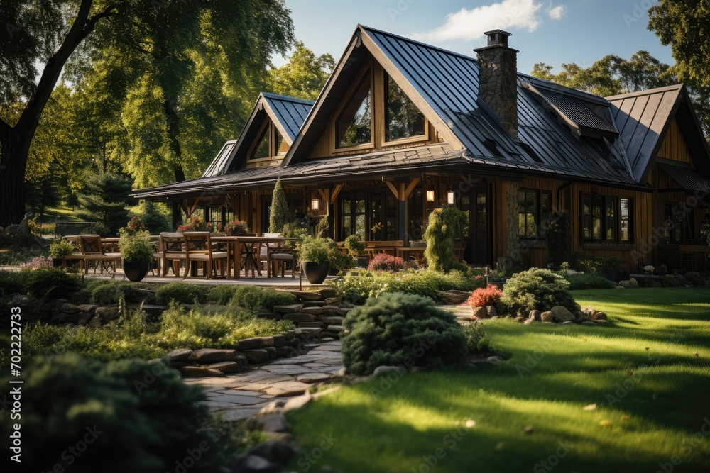 Horizontal photo of wooden house in green forest. Pros and cons of wooden house and suburban real estate concept. Horizontal photo of wooden house in green forest. Pros and cons of wooden house and suburban real estate concept.