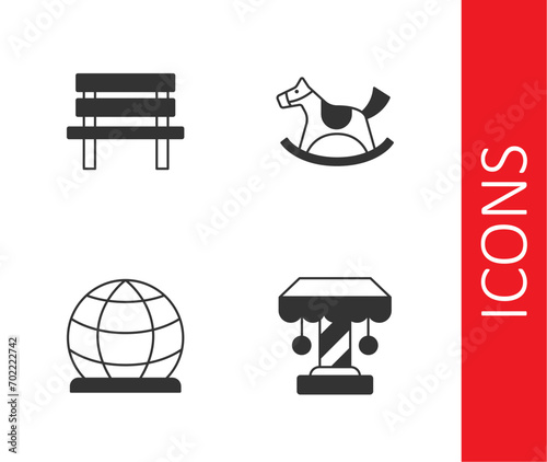 Set Attraction carousel, Bench, Playground climbing equipment and Horse saddle swing icon. Vector