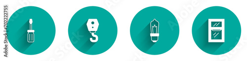 Set Screwdriver, Crane hook, Light bulb and Window in room icon with long shadow. Vector