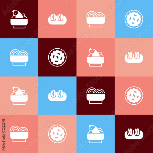 Set pop art Rice with fish in a bowl, Sushi, Asian noodles and Homemade pie icon. Vector
