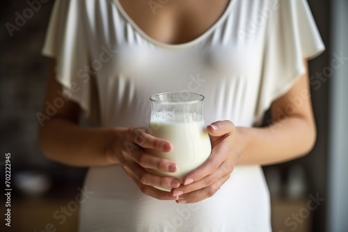 Close-up of a pregnant woman in a white dress, holding a glass of milk, focusing on a healthy diet.