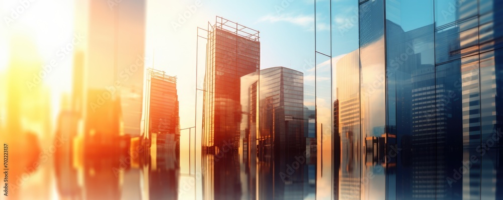 Modern and luxury skyscrapers in megapolis city sunset lightsunny day, banner panorama. Generative Ai. Modern and luxury skyscrapers in megapolis city sunset lightsunny day, banner panorama. Generative Ai.