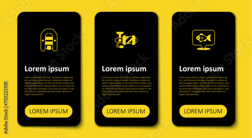 Set Location fishing, Spinning reel for and Inflatable boat with motor. Business infographic template. Vector