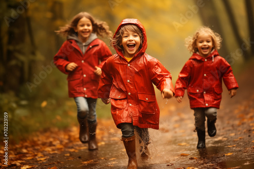 Happy children in red raincoats and rubber boots run through a puddle during autumn walks