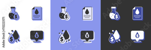 Set Oil drop with dollar symbol, petrol test tube,  and Contract money and pen icon. Vector