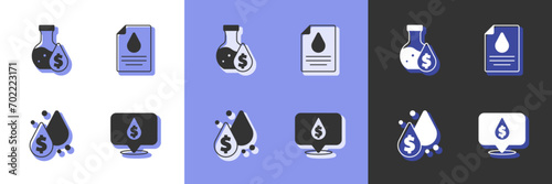 Set Oil drop with dollar symbol  petrol test tube   and Contract money and pen icon. Vector