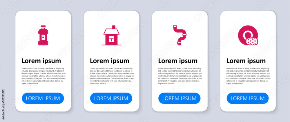 Naklejka premium Set Washing dishes, Industry metallic pipe, House and Bottle for detergent. Business infographic template. Vector