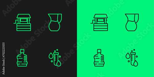 Set line Test tube with water drop, Big bottle clean, Well and Jug glass icon. Vector
