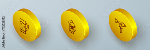 Set Isometric line Glass of beer,  and Dried fish icon. Vector