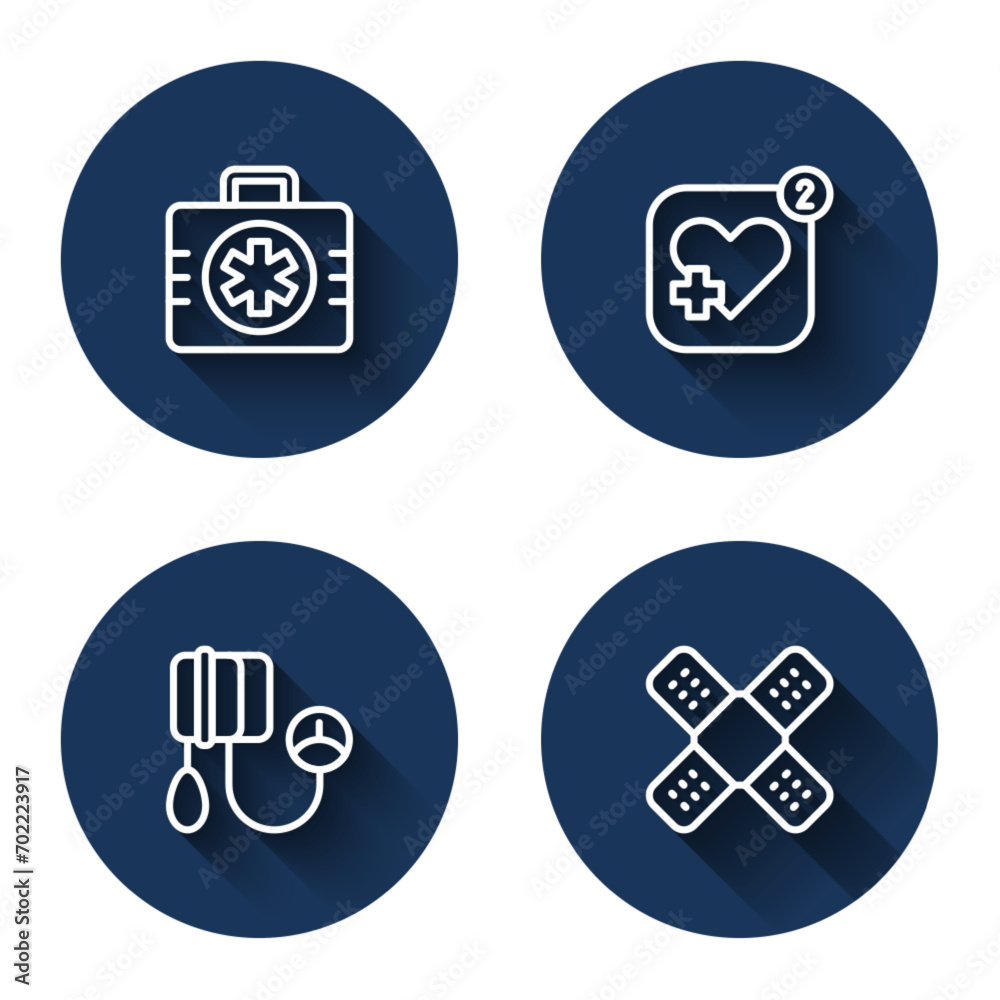 Set line First aid kit, Mobile with heart rate, Blood pressure and Crossed bandage plaster with long shadow. Blue circle button. Vector Set line First aid kit, Mobile with heart rate, Blood pressure and Crossed bandage plaster with long shadow. Blue circle button. Vector