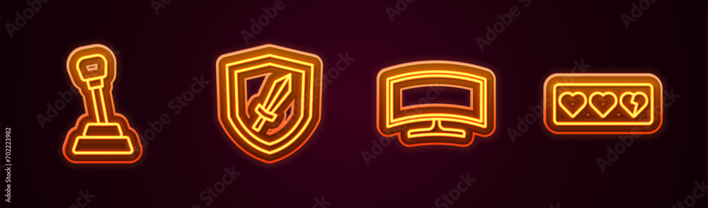 Set line Gear shifter, Sword for game, Computer monitor and Game life bar. Glowing neon icon. Vector
