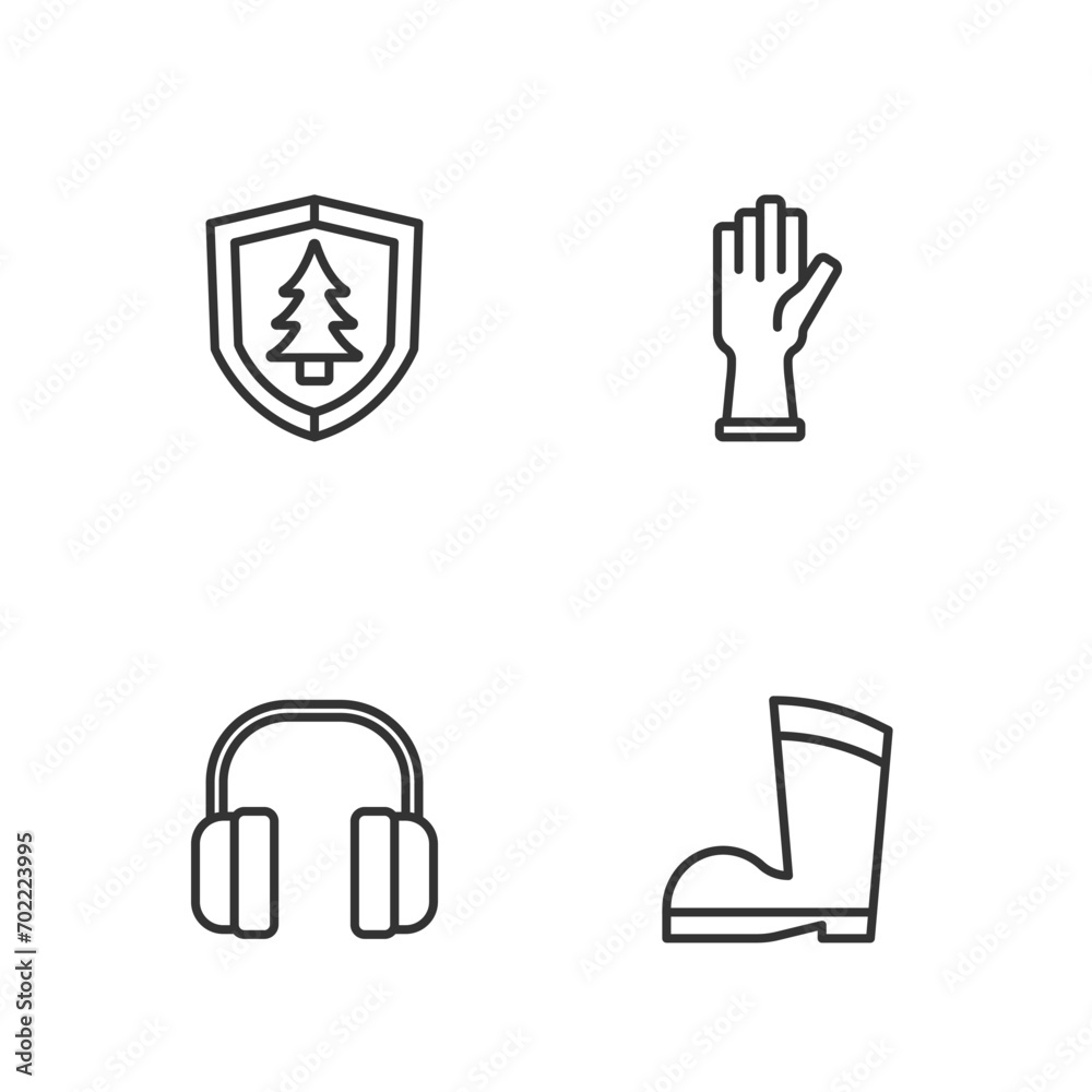 Set line Waterproof rubber boot, Headphones, Shield with tree and Protective gloves icon. Vector Set line Waterproof rubber boot, Headphones, Shield with tree and Protective gloves icon. Vector