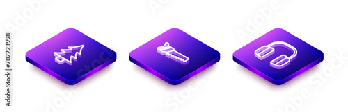 Set Isometric line Tree, Hand saw and Headphones icon. Vector
