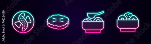 Set line Served cucumber on a plate, Homemade pie, Ramen soup bowl and Chow mein. Glowing neon icon. Vector
