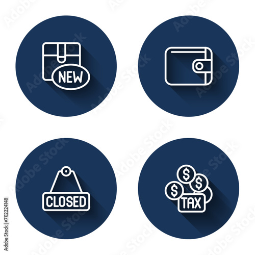 Set line New collection, Wallet, Hanging sign with text Closed and Tax payment with long shadow. Blue circle button. Vector