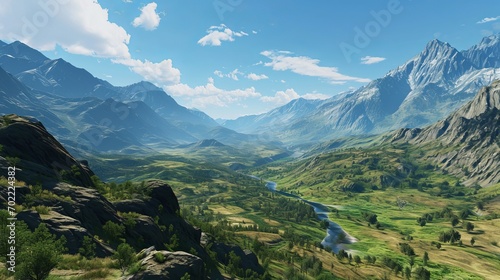 Stunning Mountain Landscape with Green Valley, River, and Blue Sky