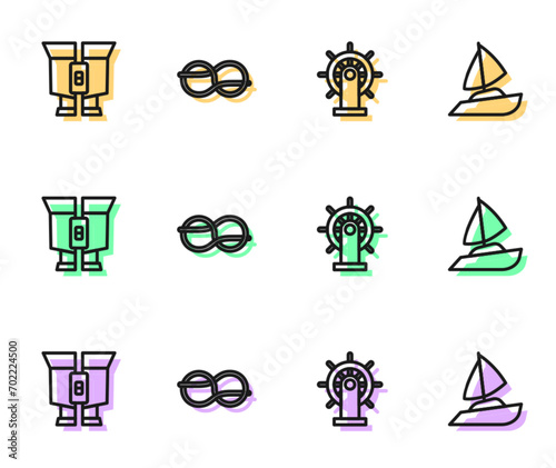 Set line Ship steering wheel, Binoculars, Nautical rope knots and Yacht sailboat icon. Vector