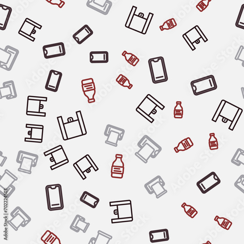 Set line Online ordering food, Food on mobile,  and Bottle of water on seamless pattern. Vector